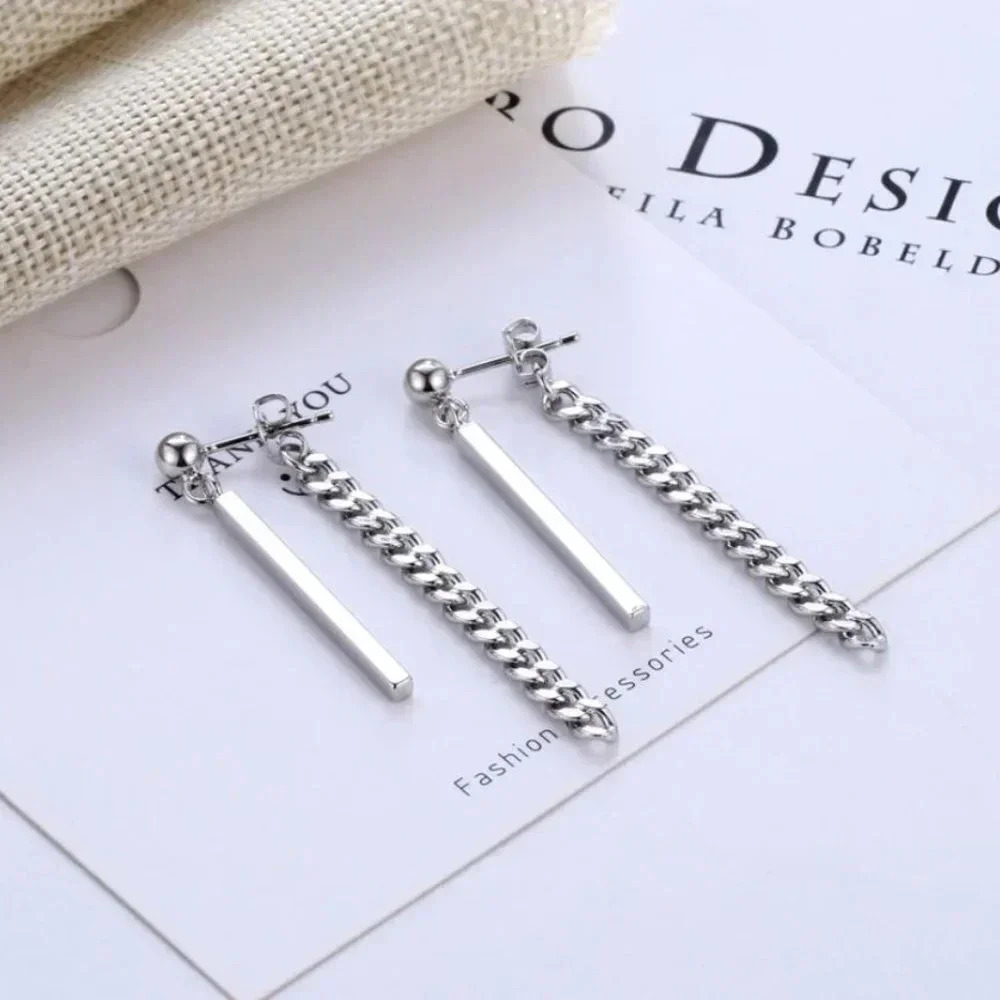925 Sterling Silver Chain Drop Bar Earrings Curb Chain Dangle Stud Earrings